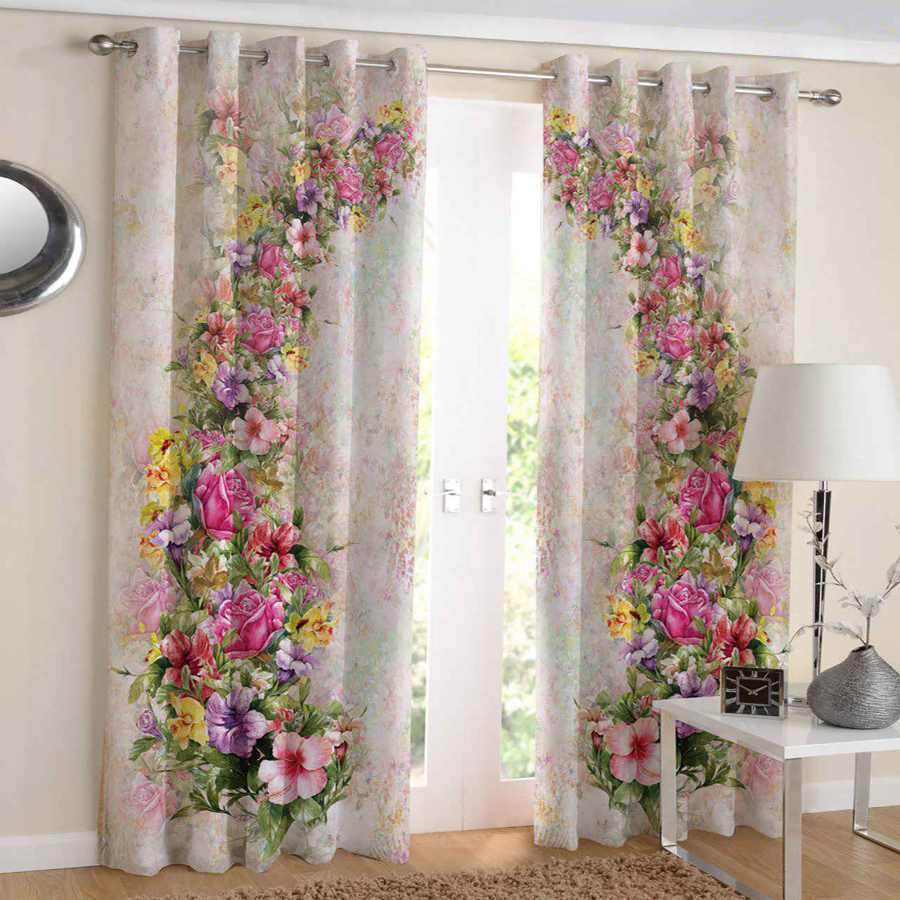 Price and Buy Printed Velvet Eyelet Curtain – Floral Cream (290×140 cm)