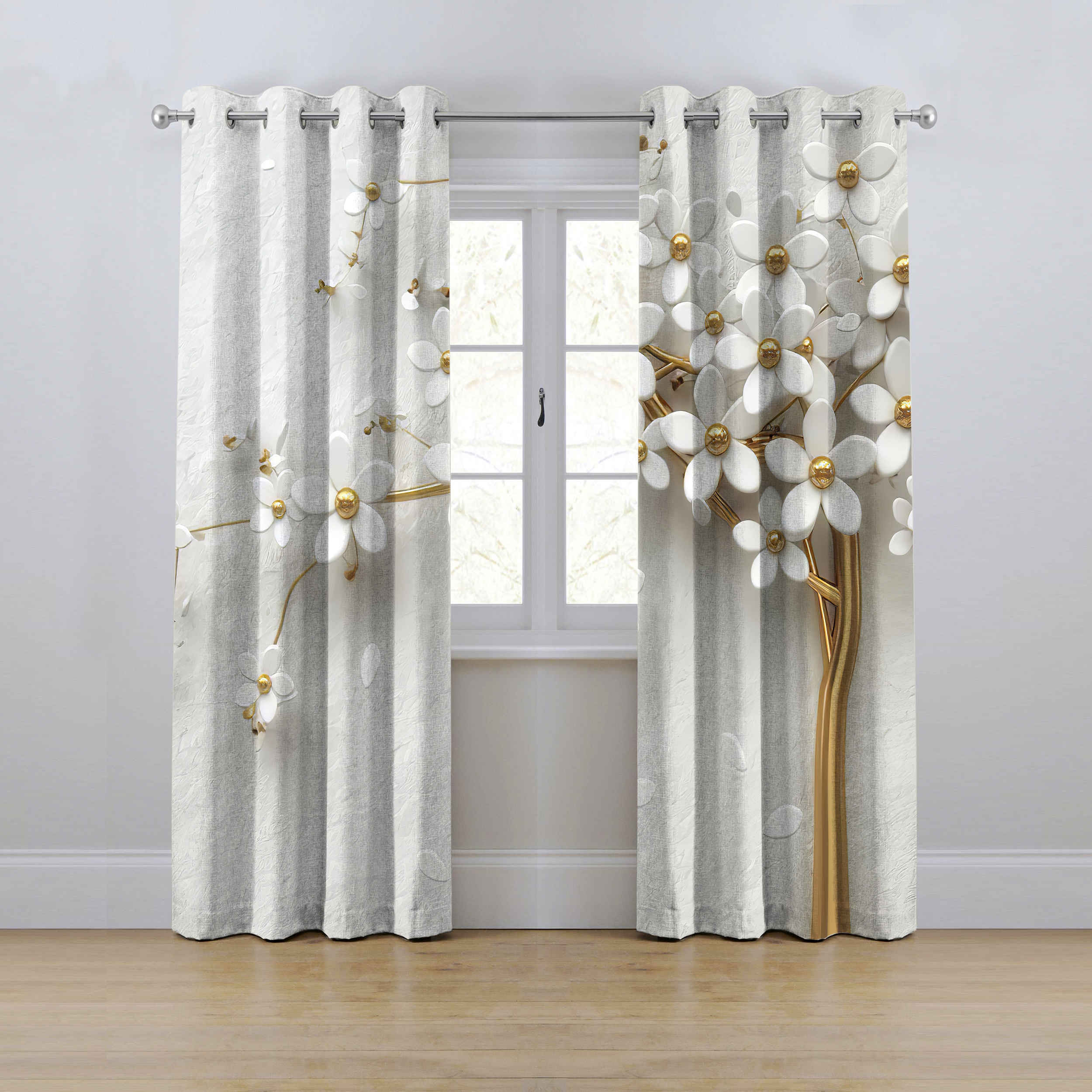 Price and Buy Printed Velvet Eyelet Curtain – Floral White (280×145 cm)