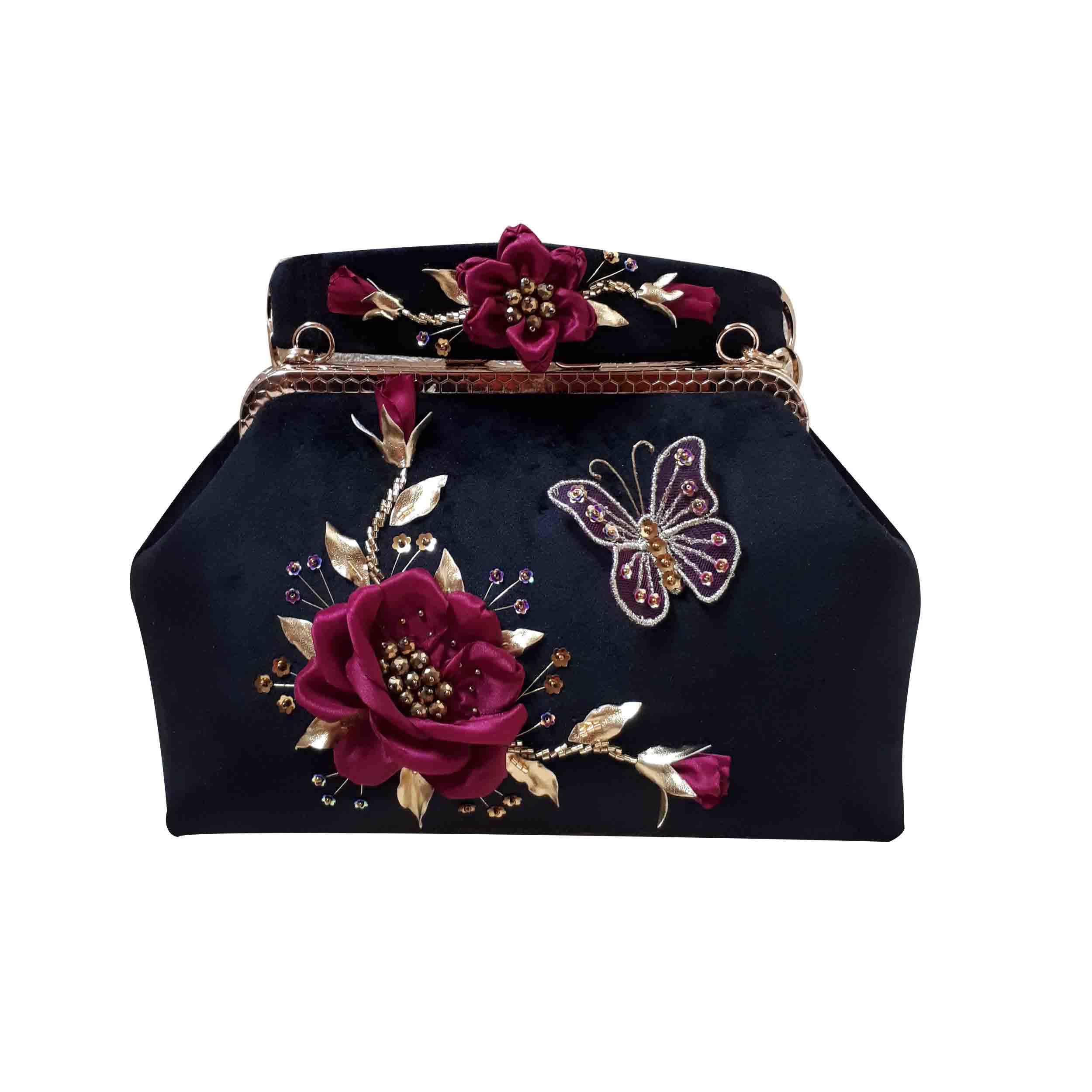 Price and Buy Ribbon Embroidery Clutch Handbag – Velvet with Butterfly Pattern