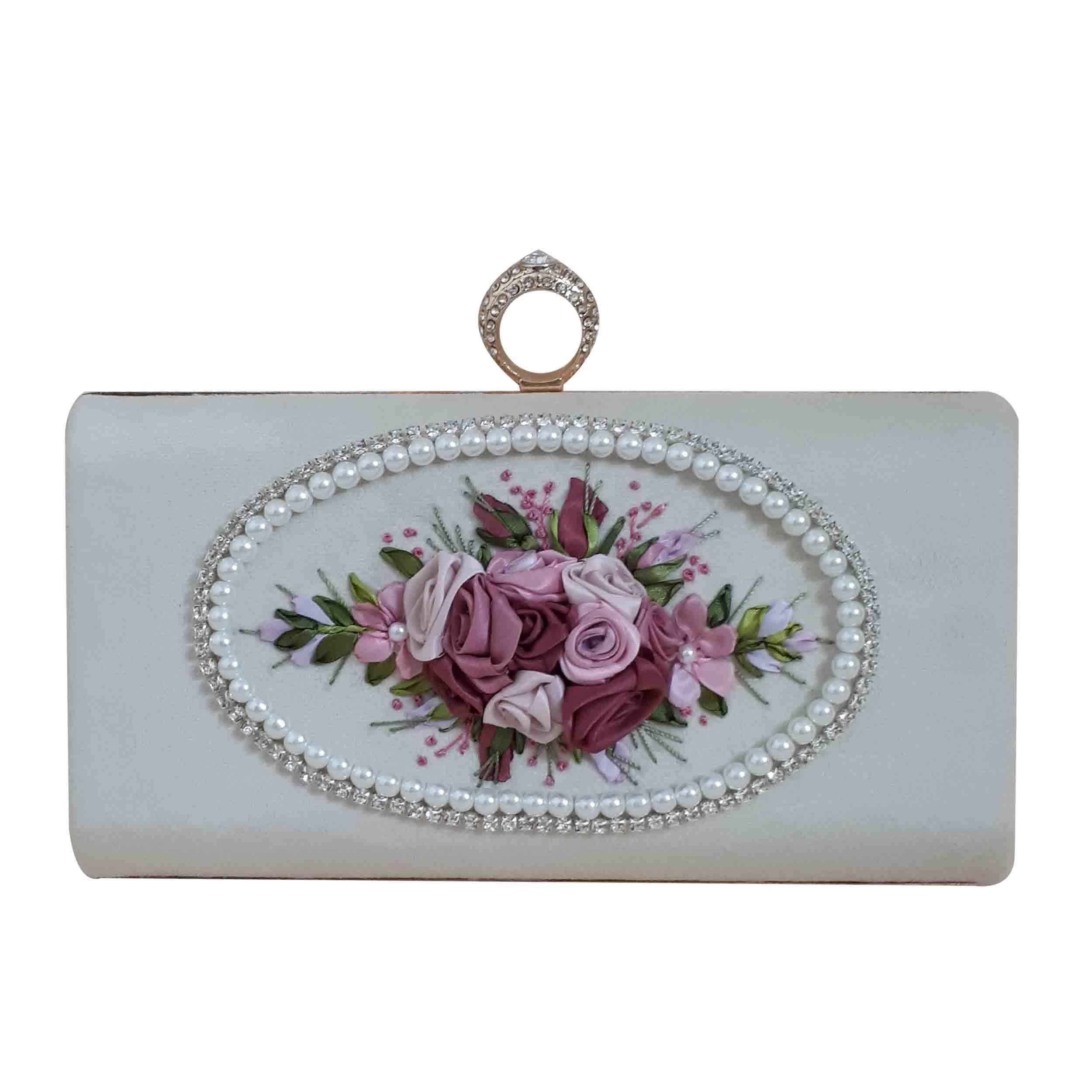 Price and Buy Ribbon Embroidery Clutch Handbag with Floral Detail for Evening Party