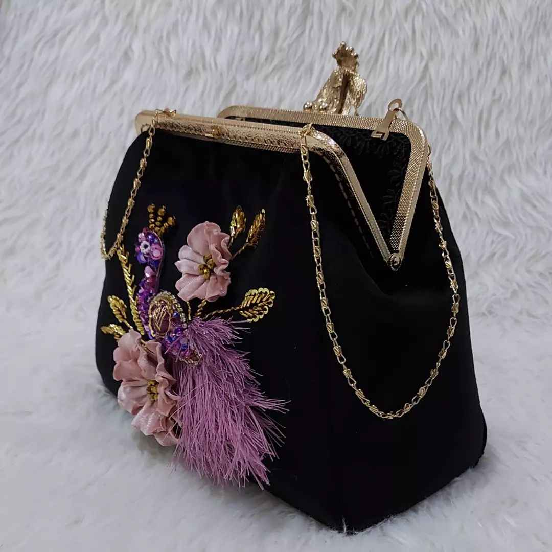 Price and Buy Ribbon Embroidery Clutch Handbag with Peacock Bead Detail - Image 3