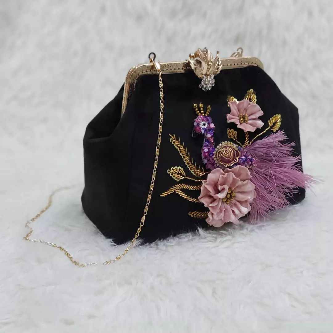 Price and Buy Ribbon Embroidery Clutch Handbag with Peacock Bead Detail - Image 4