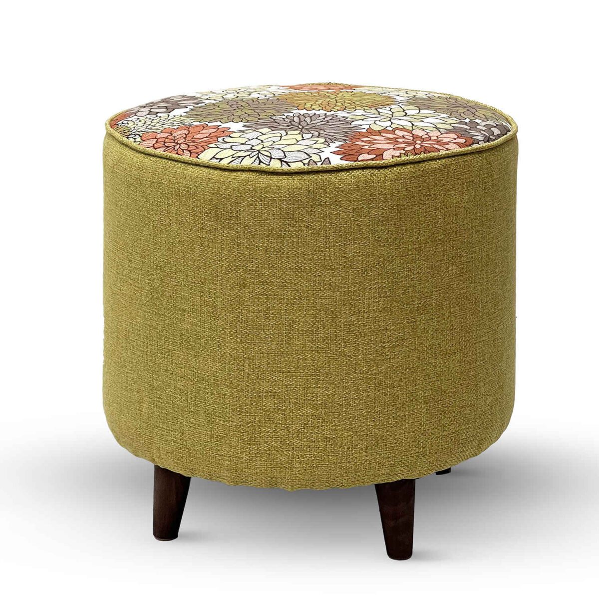Price and Buy Round Footstool Floral Green with Wooden Legs