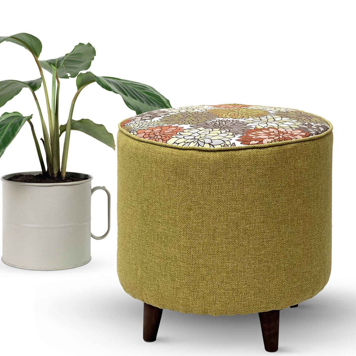 Price and Buy Round Footstool Floral Green with Wooden Legs - Image 6