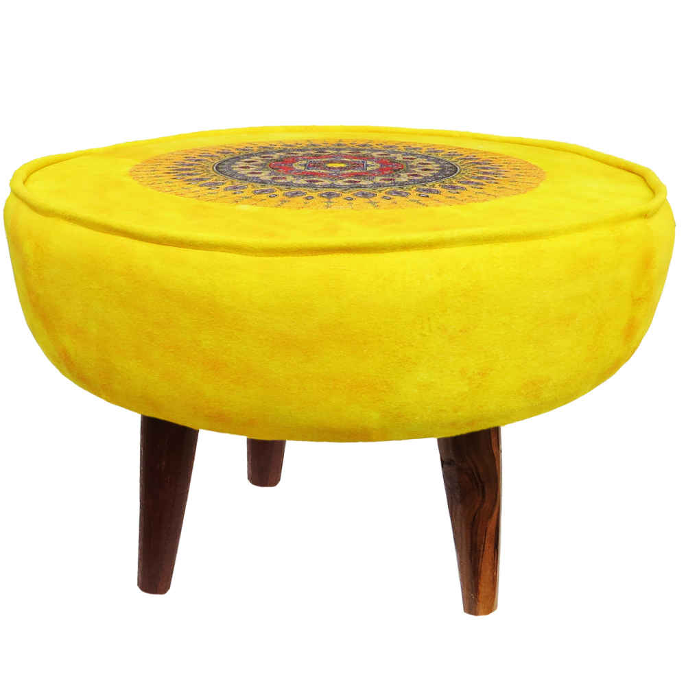 Price and Buy Round Velvet Footstool Inspired by Persian Art Yellow Toranj