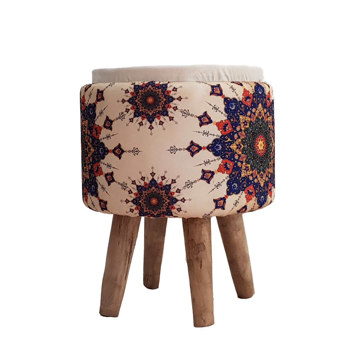 Price and Buy Round Velvet Footstool with Wooden Legs and Cream Color for Bedroom