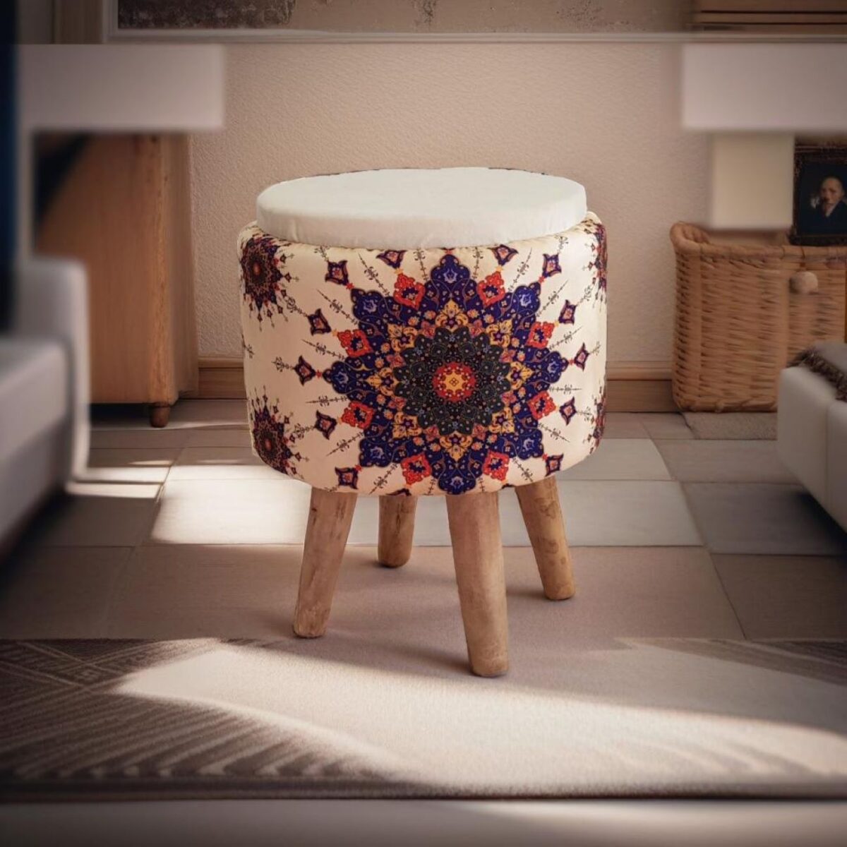 Price and Buy Round Velvet Footstool with Wooden Legs and Cream Color for Bedroom - Image 3