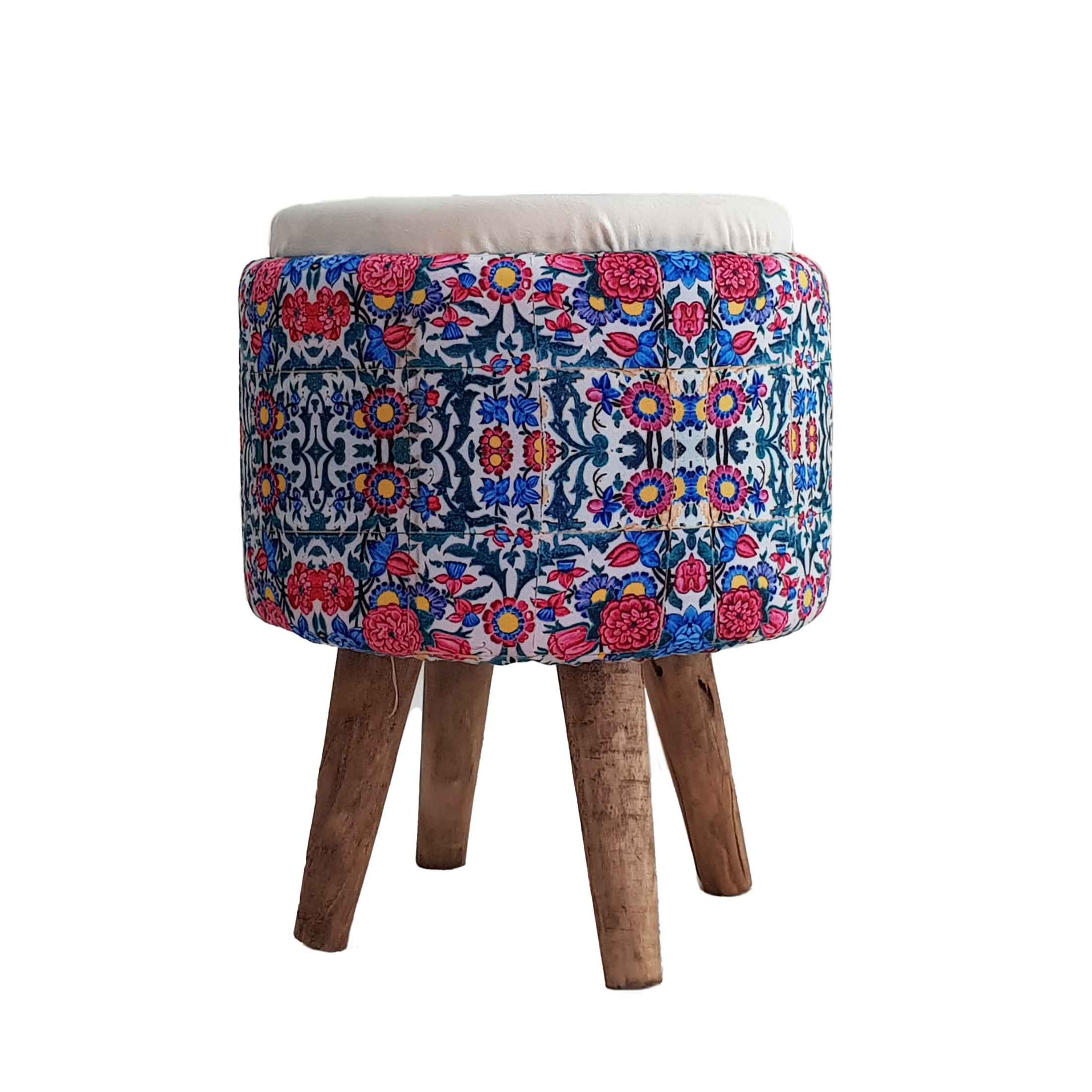Price and Buy Round Velvet Footstool with Wooden Legs and Persian Floral Design Blue
