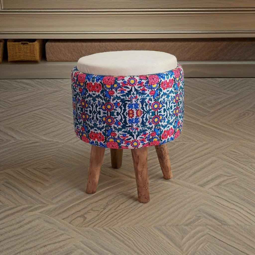 Price and Buy Round Velvet Footstool with Wooden Legs and Persian Floral Design Blue - Image 3