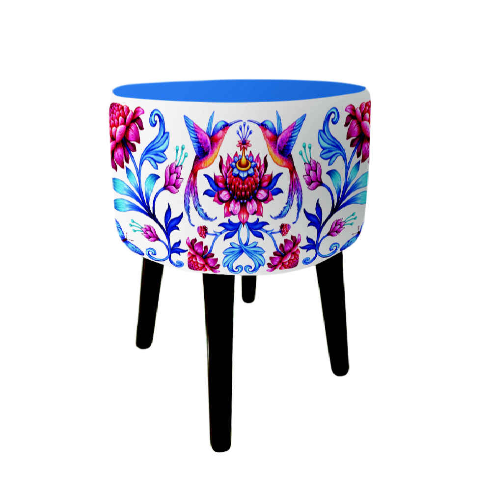 Price and Buy Round Velvet Footstool with Wooden Legs Inspired by Persian Art Blue Arad