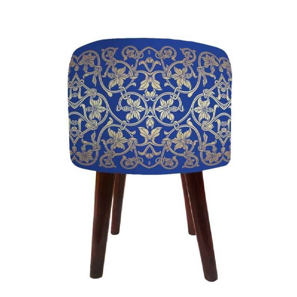 Price and Buy Round Velvet Footstool with Wooden Legs Inspired by Persian Art Blue Borna