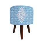 Price and Buy Round Velvet Footstool with Wooden Legs Inspired by Persian Art Blue Calligraphy