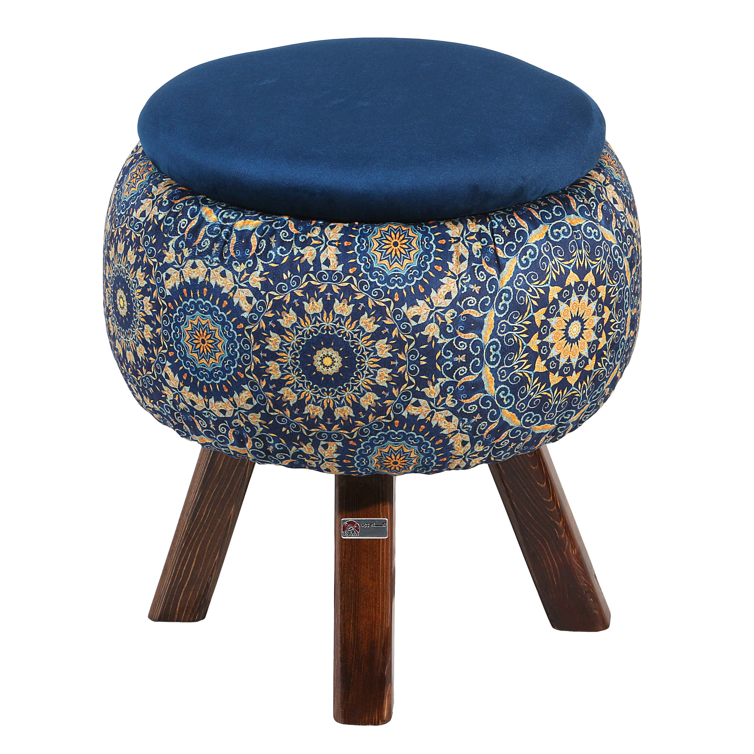 Price and Buy Round Velvet Footstool with Wooden Legs Inspired by Persian Art Blue Ghaem - Image 3