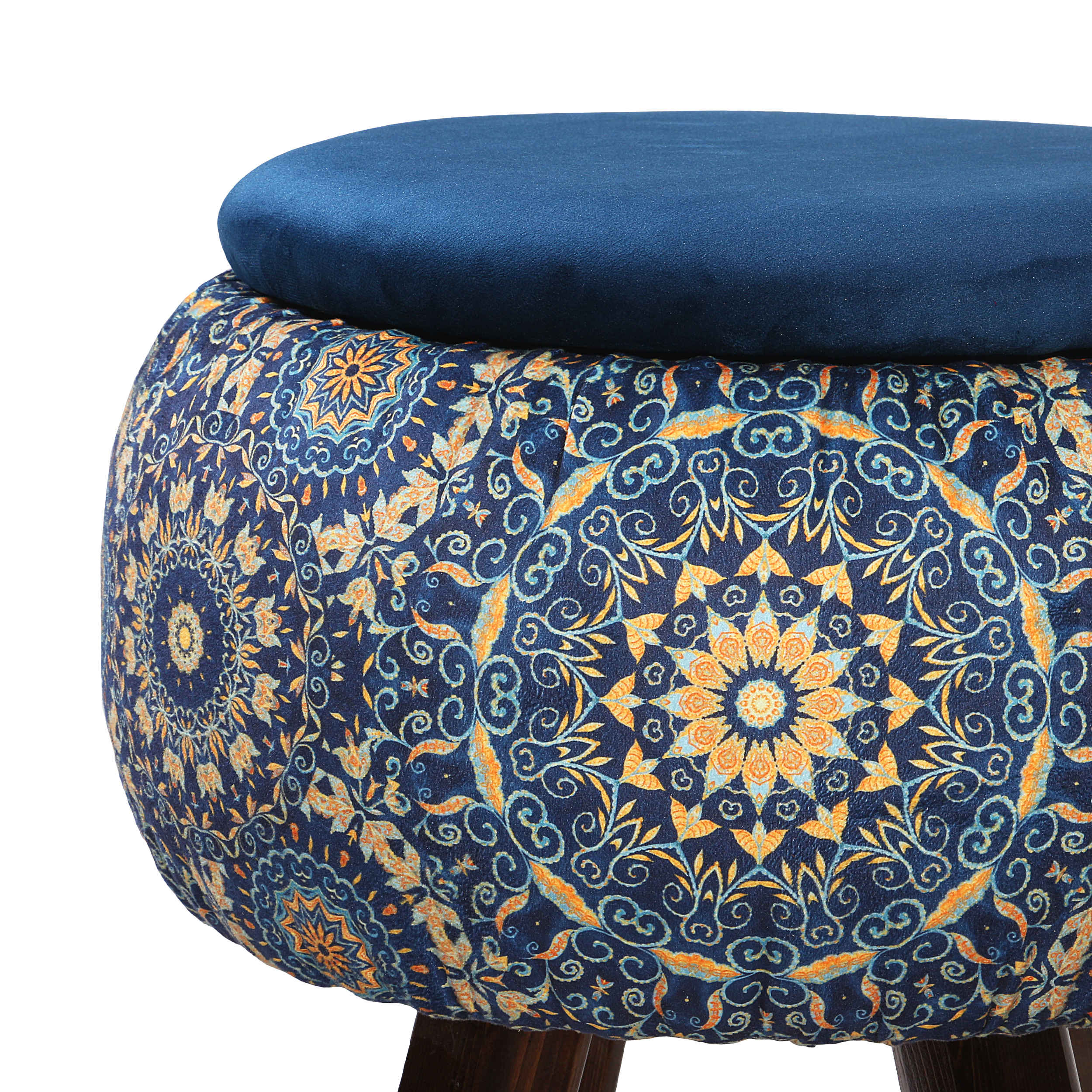 Price and Buy Round Velvet Footstool with Wooden Legs Inspired by Persian Art Blue Ghaem - Image 4