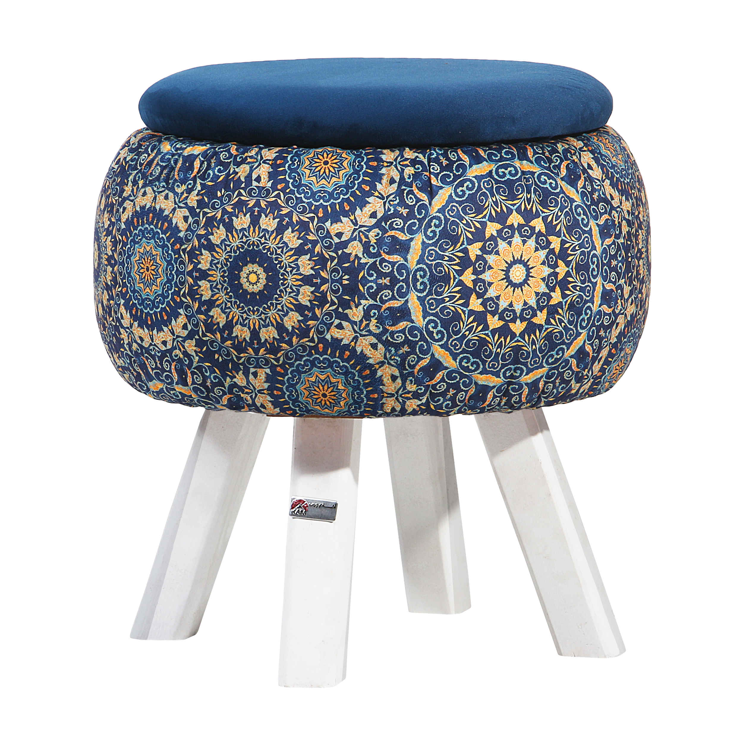 Price and Buy Round Velvet Footstool with Wooden Legs Inspired by Persian Art Blue Ghaem - Image 5