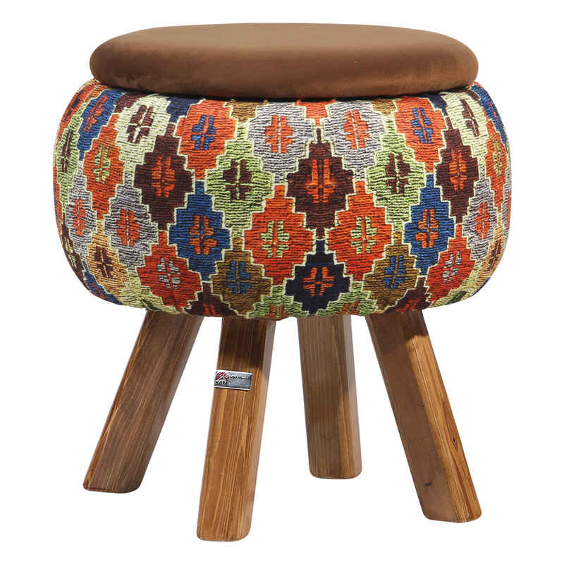 Price and Buy Round Velvet Footstool with Wooden Legs Inspired by Persian Art Brown Mahta