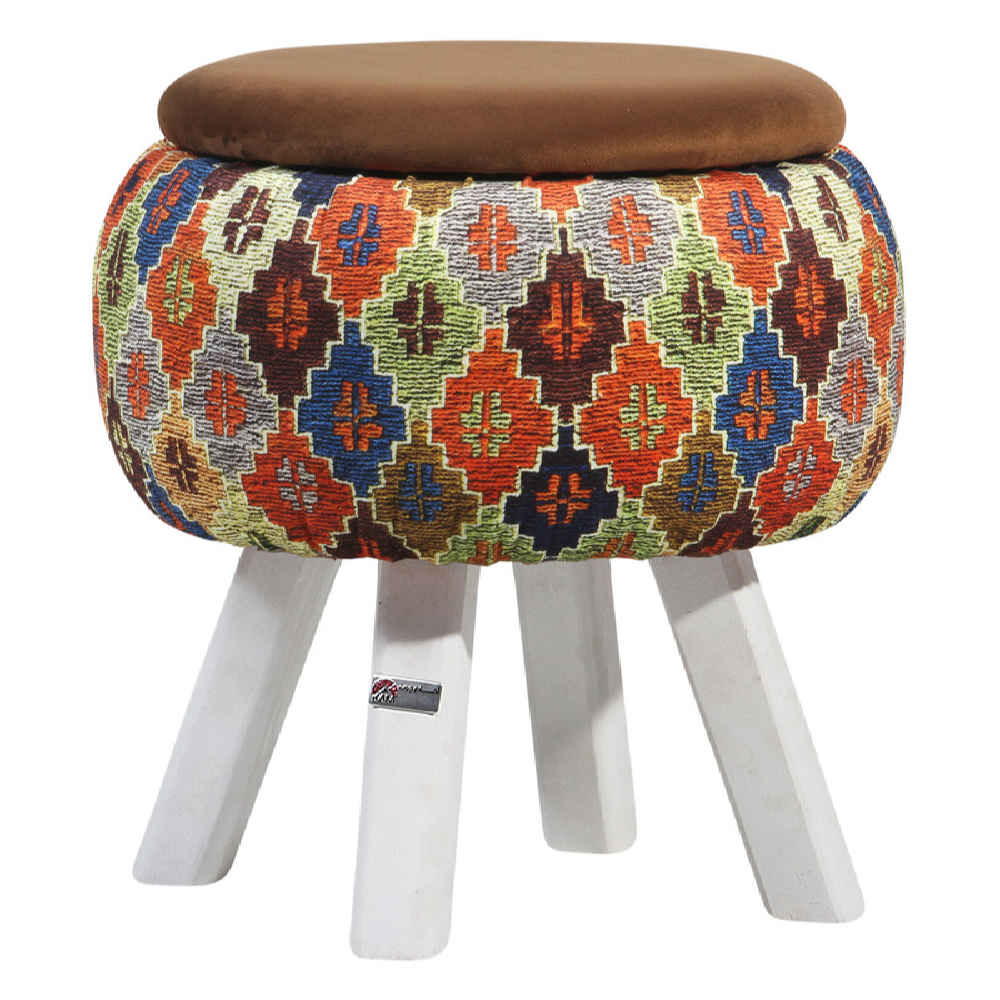 Price and Buy Round Velvet Footstool with Wooden Legs Inspired by Persian Art Brown Mahta - Image 3