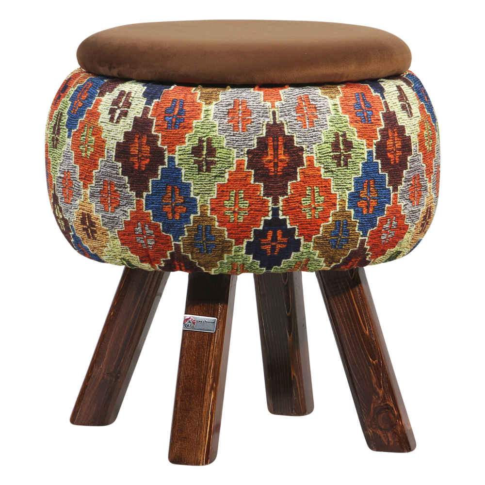 Price and Buy Round Velvet Footstool with Wooden Legs Inspired by Persian Art Brown Mahta - Image 4