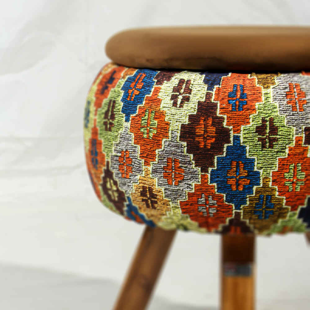 Price and Buy Round Velvet Footstool with Wooden Legs Inspired by Persian Art Brown Mahta - Image 5