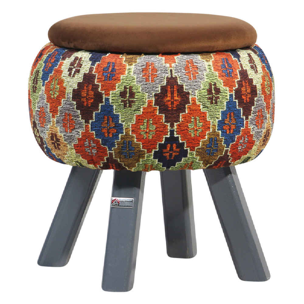 Price and Buy Round Velvet Footstool with Wooden Legs Inspired by Persian Art Brown Mahta - Image 6