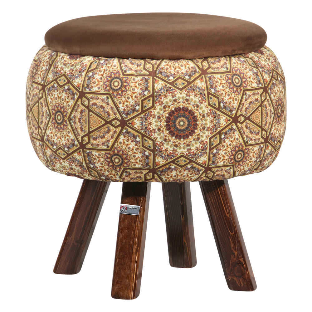Price and Buy Round Velvet Footstool with Wooden Legs Inspired by Persian Art Brown Raha