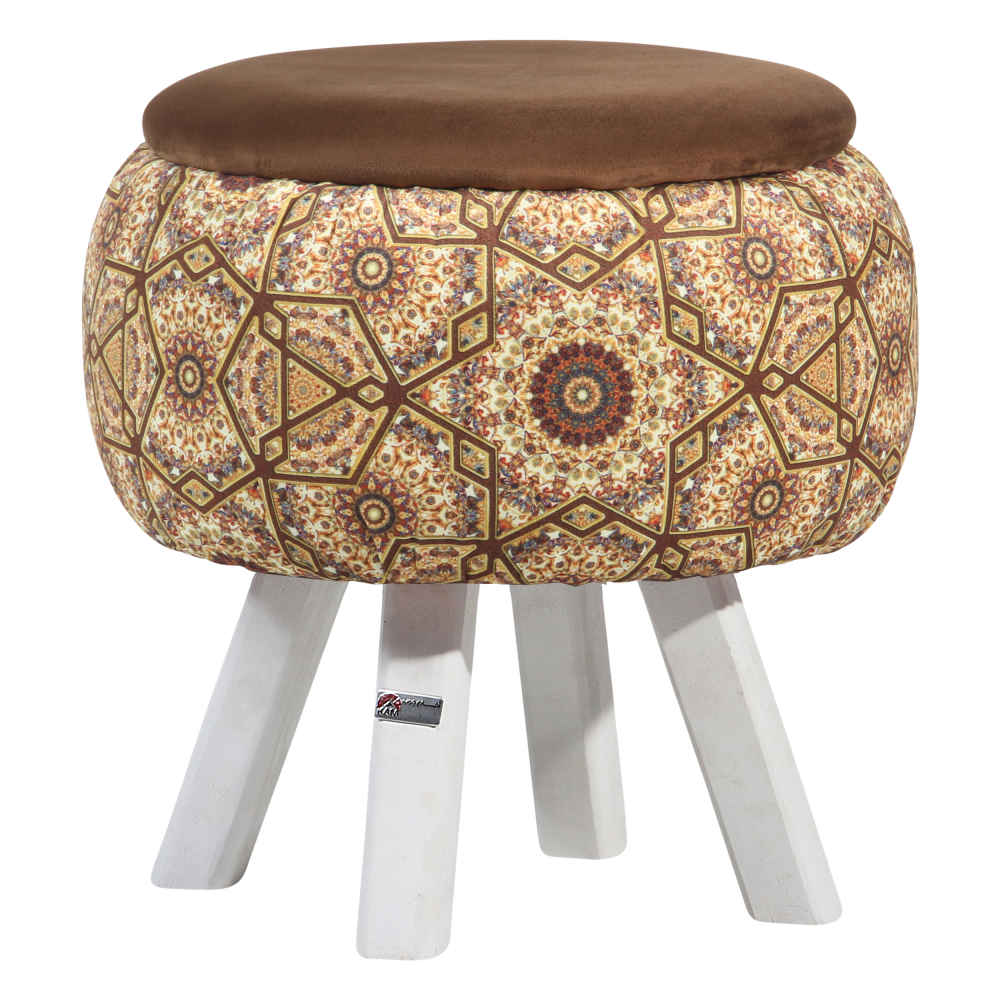 Price and Buy Round Velvet Footstool with Wooden Legs Inspired by Persian Art Brown Raha - Image 3