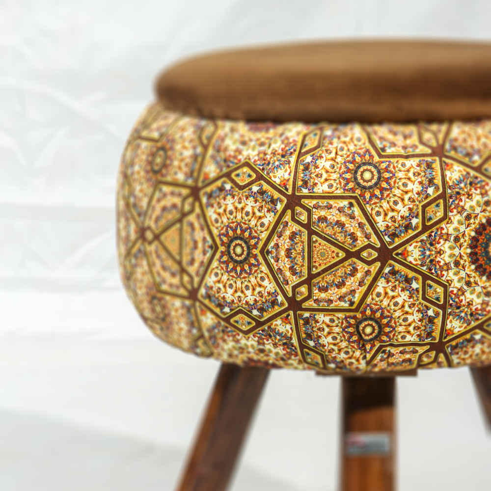 Price and Buy Round Velvet Footstool with Wooden Legs Inspired by Persian Art Brown Raha - Image 4