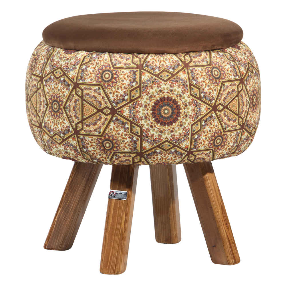 Price and Buy Round Velvet Footstool with Wooden Legs Inspired by Persian Art Brown Raha - Image 5