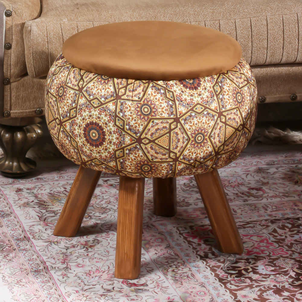 Price and Buy Round Velvet Footstool with Wooden Legs Inspired by Persian Art Brown Raha - Image 6