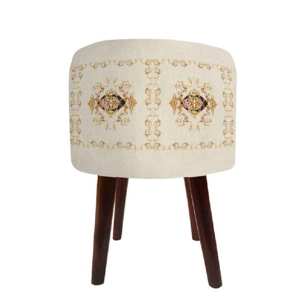 Price and Buy Round Velvet Footstool with Wooden Legs Inspired by Persian Art Cream Golabetoon