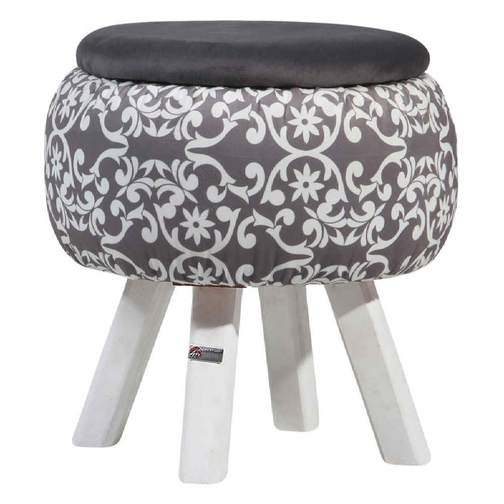 Price and Buy Round Velvet Footstool with Wooden Legs Inspired by Persian Art Gray Dorsa - Image 3