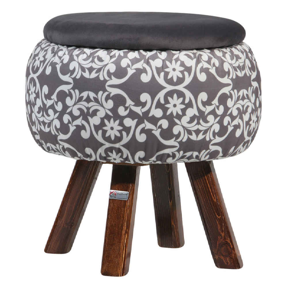 Price and Buy Round Velvet Footstool with Wooden Legs Inspired by Persian Art Gray Dorsa - Image 4