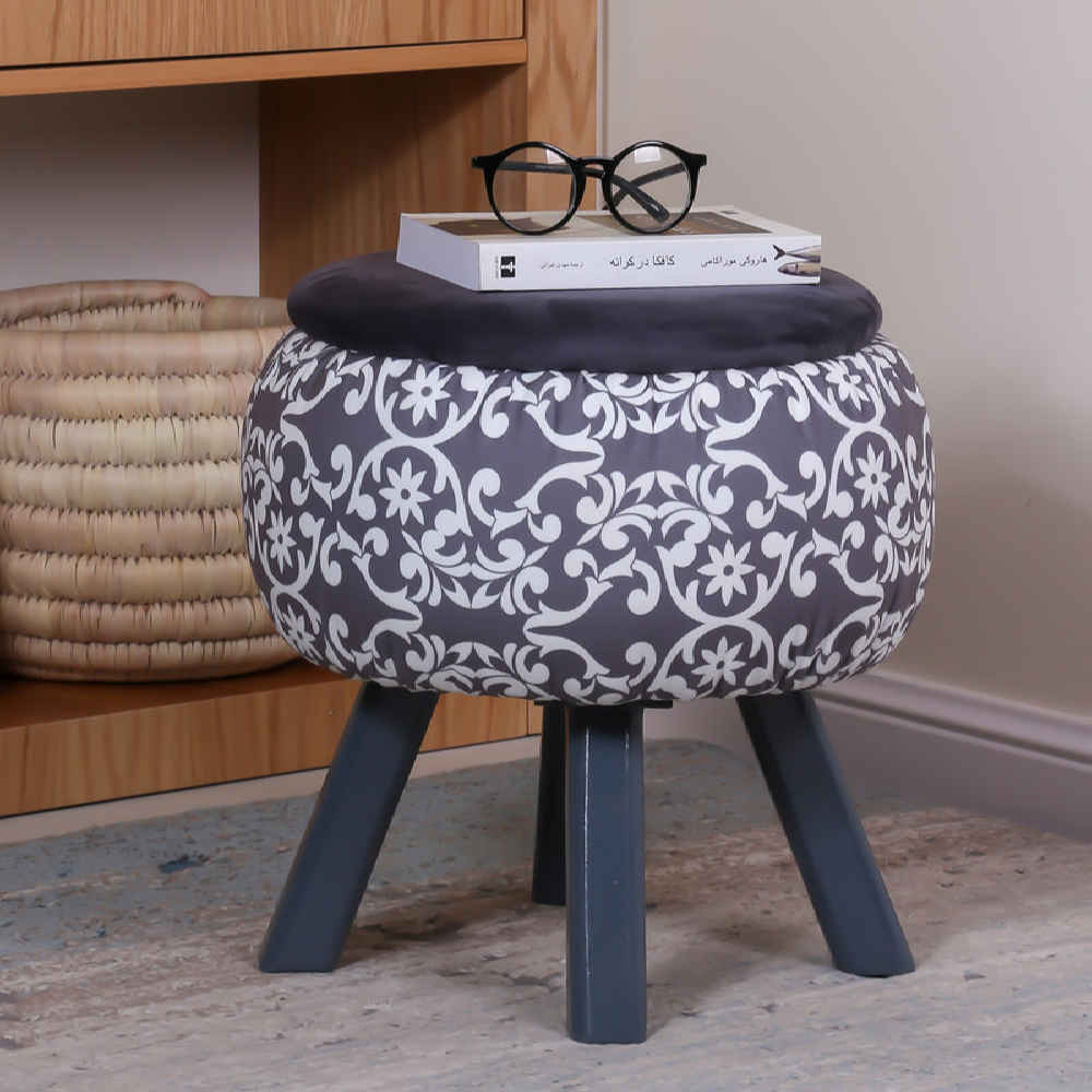 Price and Buy Round Velvet Footstool with Wooden Legs Inspired by Persian Art Gray Dorsa - Image 5
