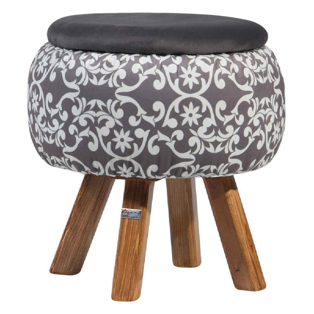 Price and Buy Round Velvet Footstool with Wooden Legs Inspired by Persian Art Gray Dorsa - Image 7