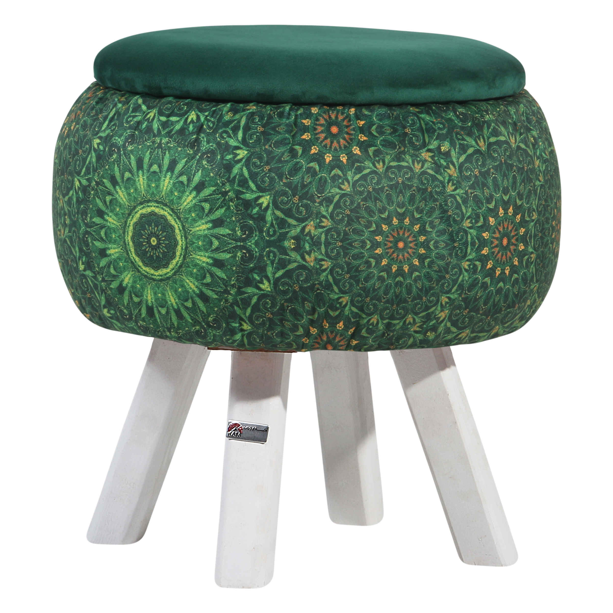 Price and Buy Round Velvet Footstool with Wooden Legs Inspired by Persian Art Green Bahador