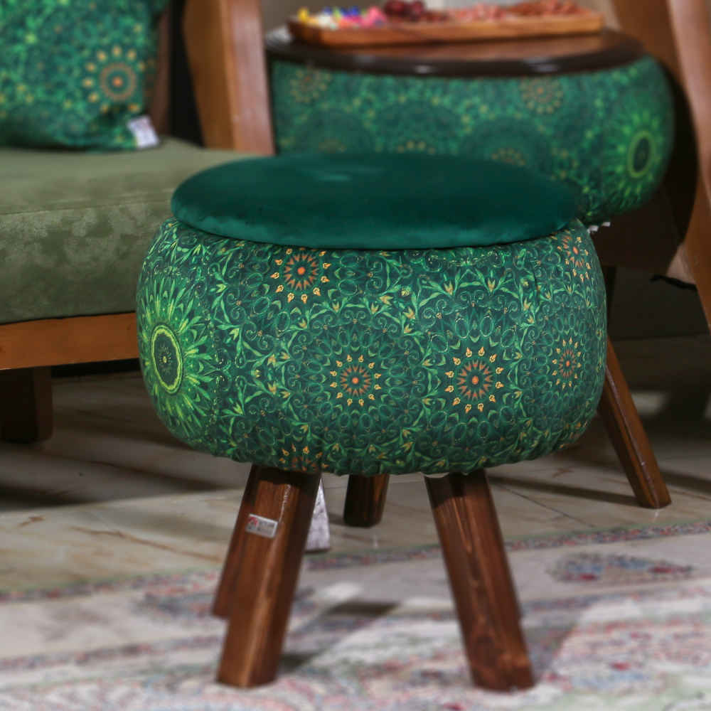 Price and Buy Round Velvet Footstool with Wooden Legs Inspired by Persian Art Green Bahador - Image 4