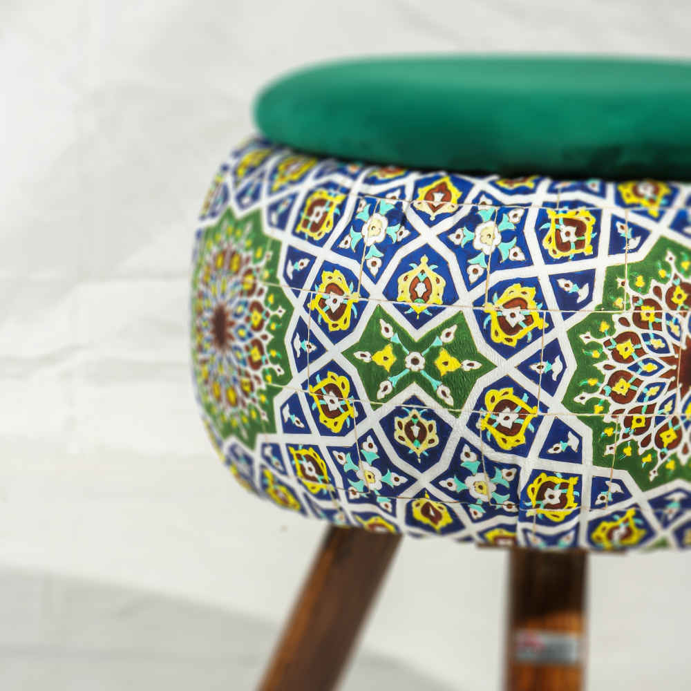 Price and Buy Round Velvet Footstool with Wooden Legs Inspired by Persian Art Green Emad - Image 4