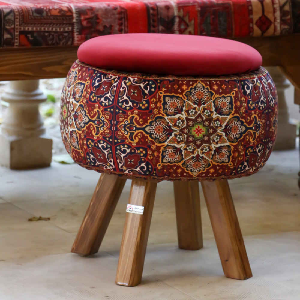 Price and Buy Round Velvet Footstool with Wooden Legs Inspired by Persian Art Maroon Fatima - Image 3