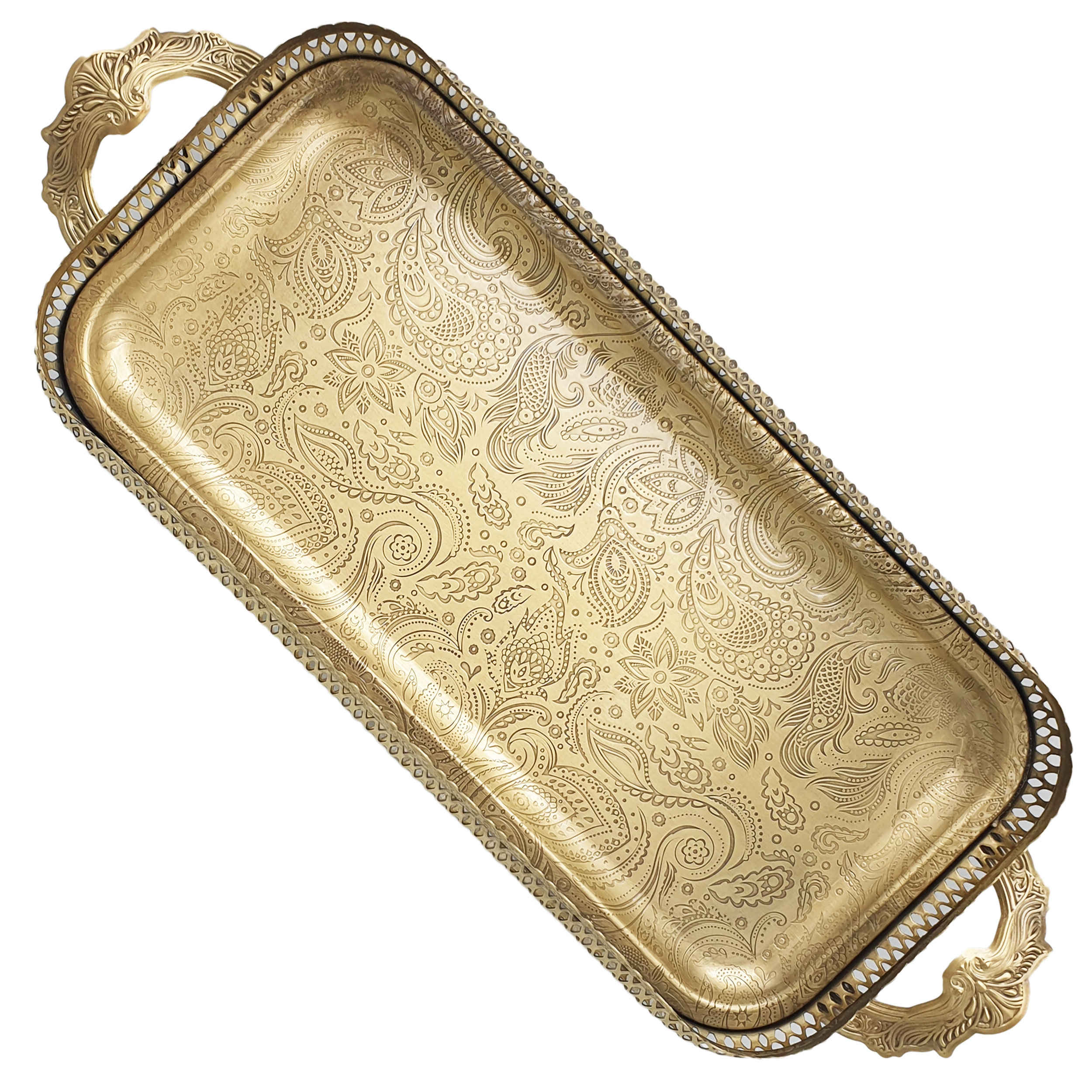 Price and Buy Serving Metal Tray Footed with Handles Paisley Design