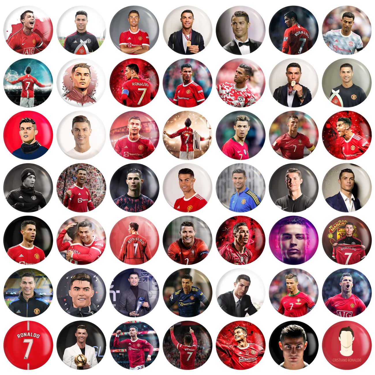Price and Buy Set of 49 Cristiano Ronaldo Face Pinback Buttons – Perfect for Fans and Collectors