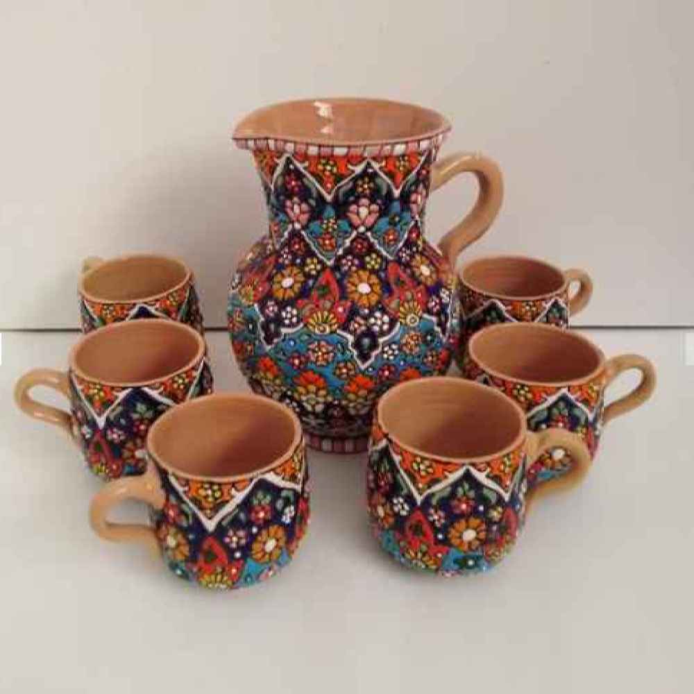 Price and Buy Set of Handcrafted Persian Pottery Pitcher & Cups – Artistic Minakari Enameled Ahora