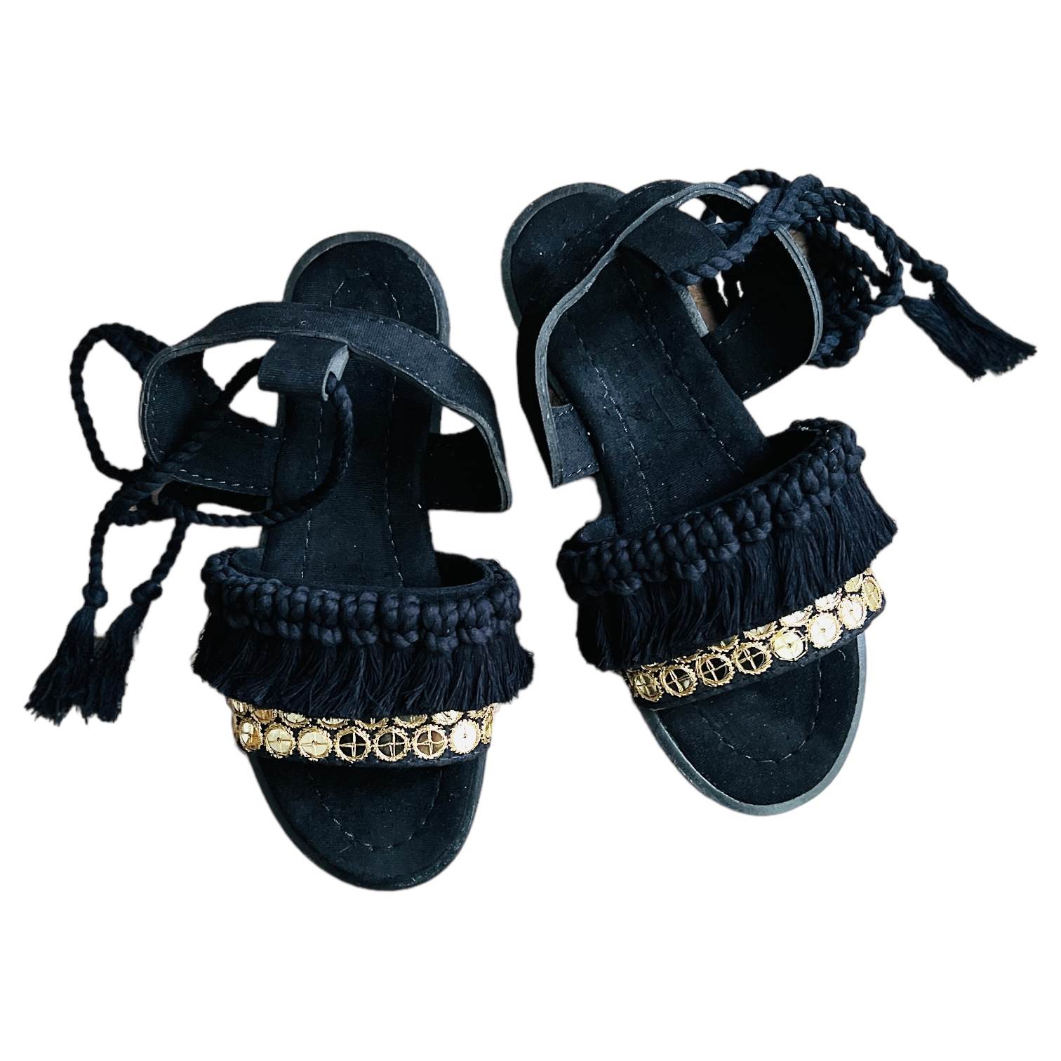Price and Buy Sling Back Flat Black Sandals with Boho Design Handcrafted