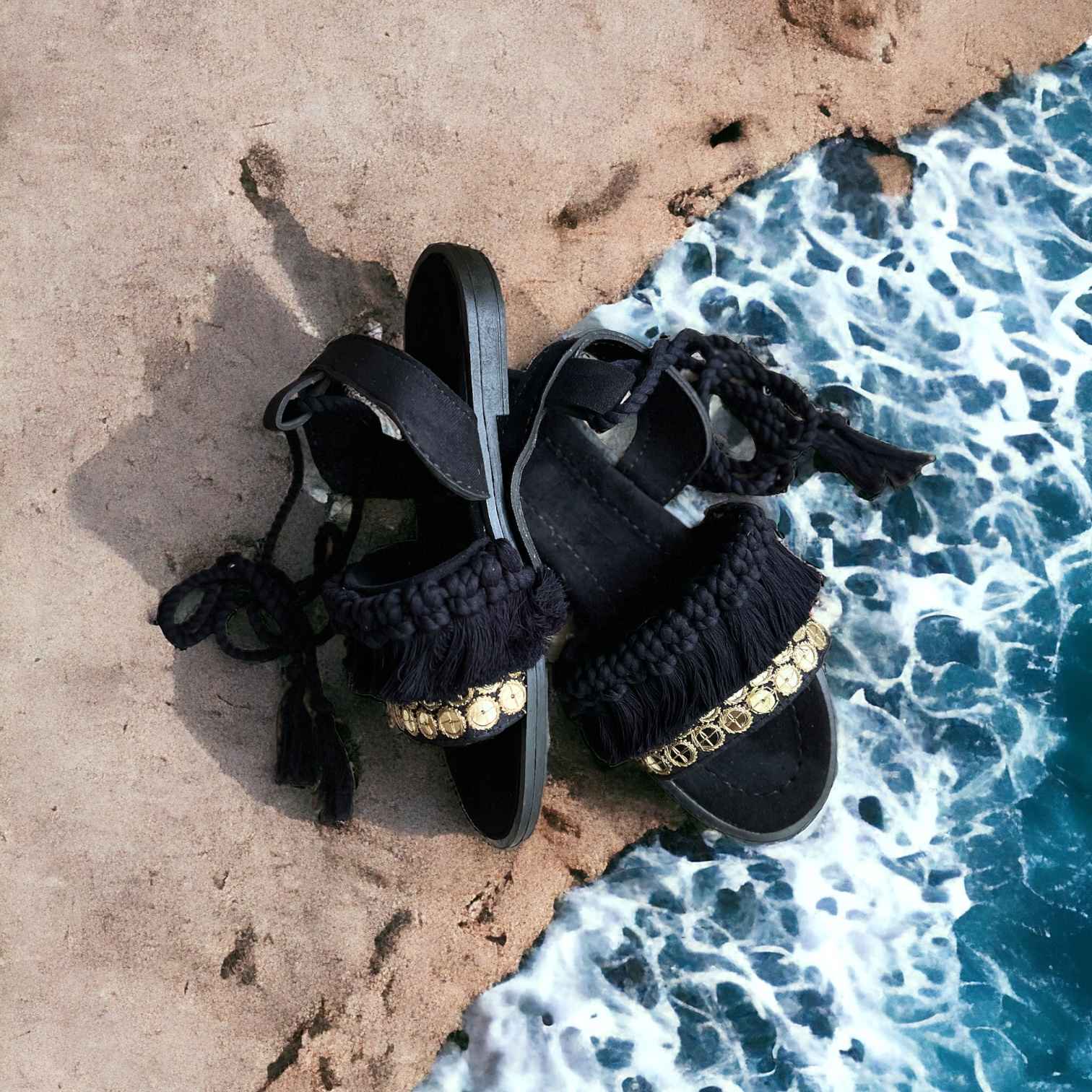 Price and Buy Sling Back Flat Black Sandals with Boho Design Handcrafted - Image 3