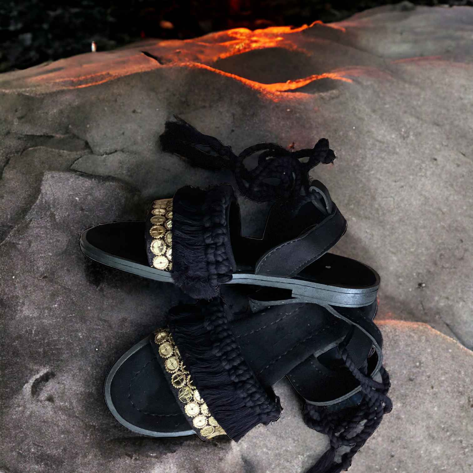 Price and Buy Sling Back Flat Black Sandals with Boho Design Handcrafted - Image 4