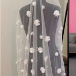 Price and Buy Soft Tulle Wedding Veil with Floral Lace Appliqué and Cathedral Train – Graceful and Elegant - Image 3