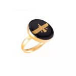 Price and Buy Steel Signet Ring with Black Onyx Gemstone Resin Covered and Gold Plated Faravahar Symbol