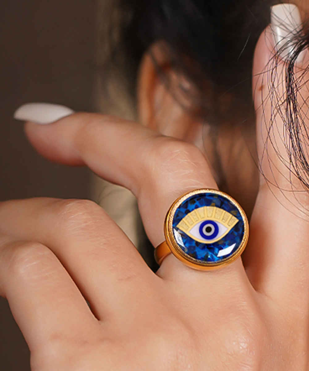 Price and Buy Steel Signet Ring with Lapis Resin Covered and Gold Plated Cheshm Symbol - Image 3