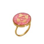Price and Buy Steel Signet Ring with Pink Jade Gemstone Resin Covered and Gold Plated Fish Symbol