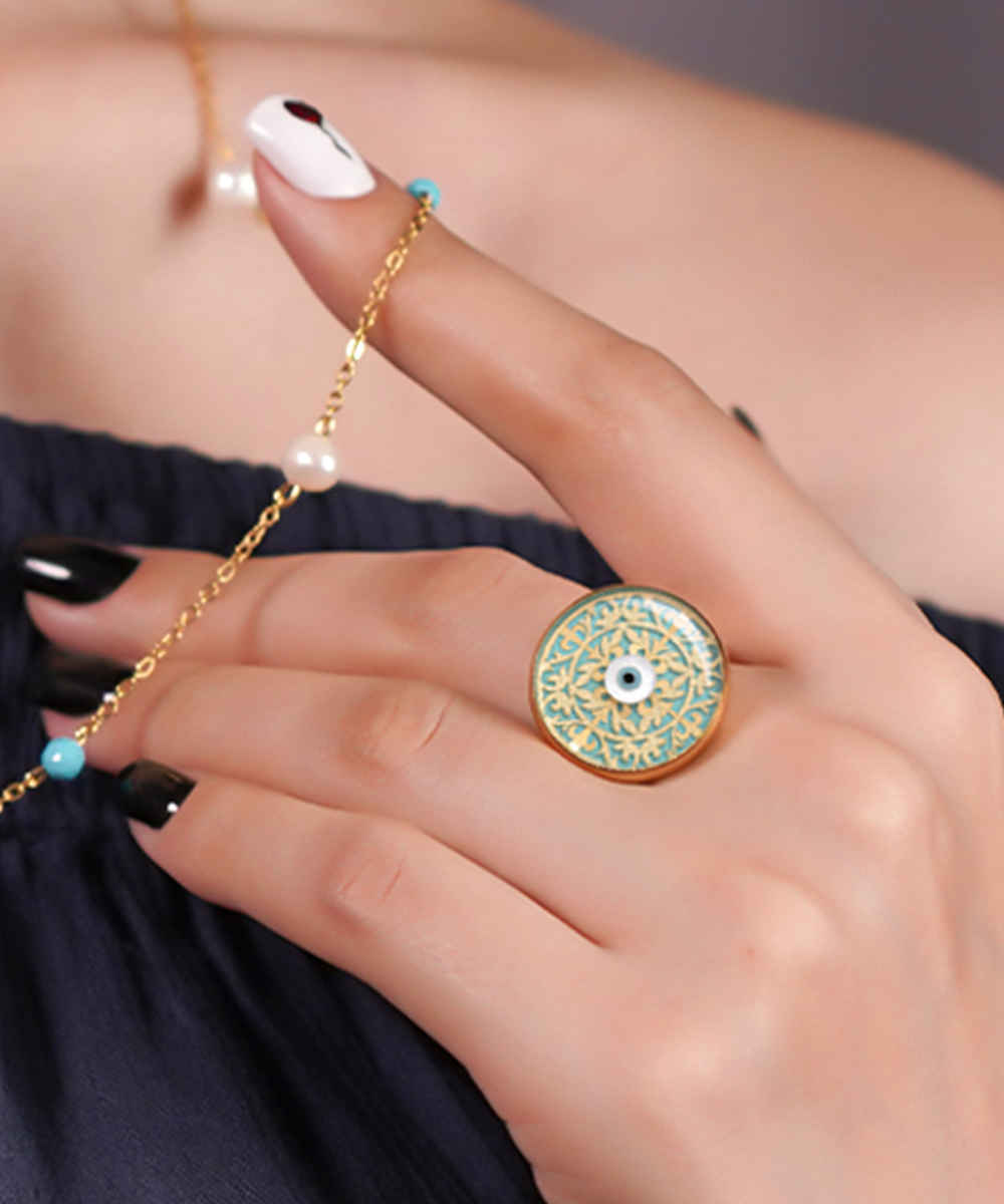 Price and Buy Steel Signet Ring with Turquoise Resin Covered and Gold Plated Evil Eye Symbol - Image 3