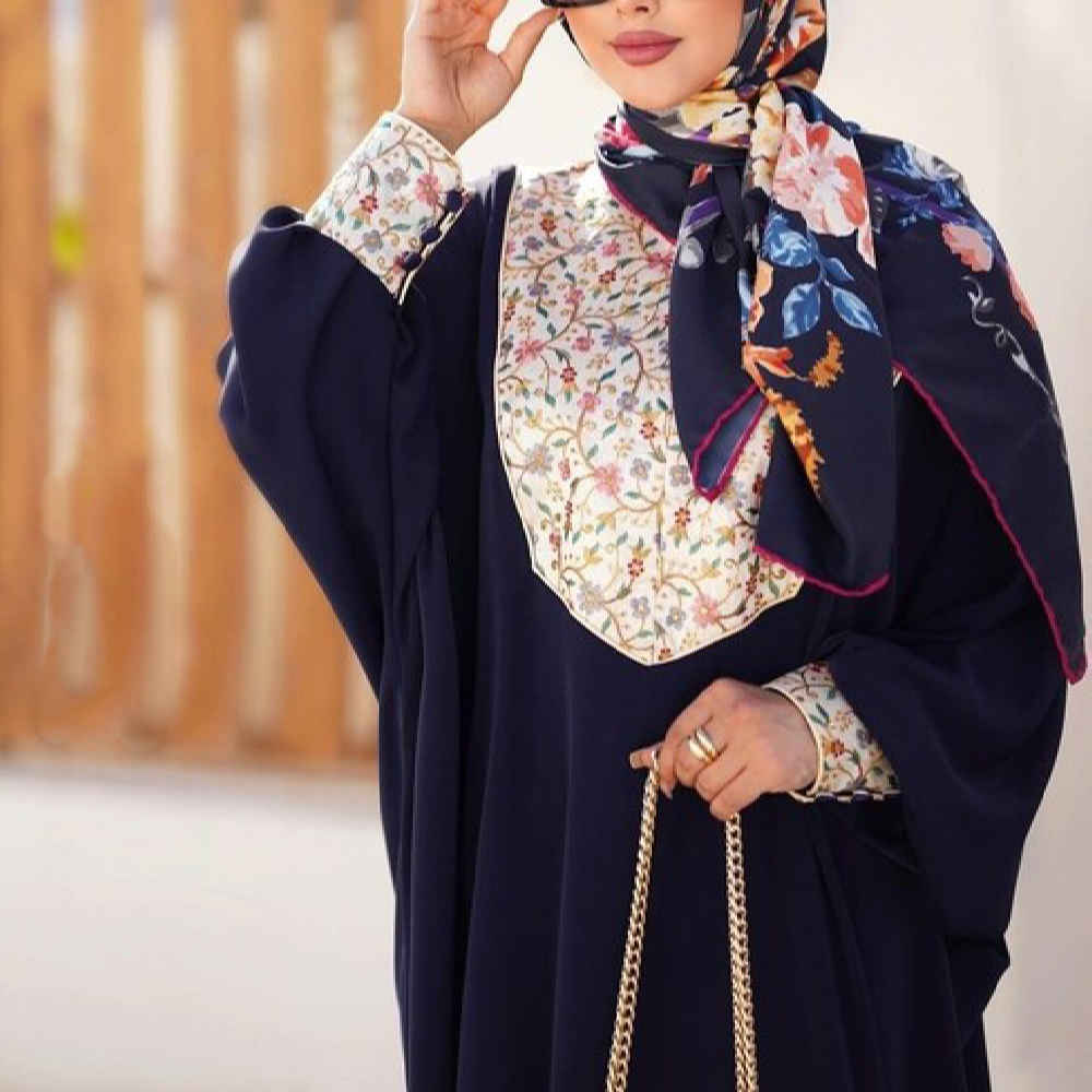 Price and Buy Stylish Abaya for Muslim Women with Floral Navy Blue Crepe Fabric - Image 3